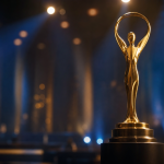 Estatuetas douradas do Emmy em composição editorial inspirada na temporada de premiações televisivas