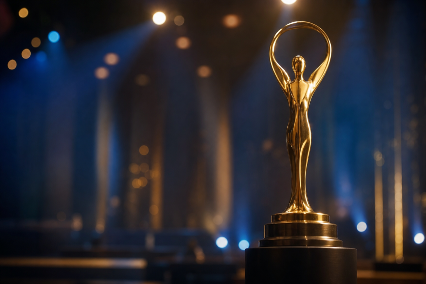 Estatuetas douradas do Emmy em composição editorial inspirada na temporada de premiações televisivas